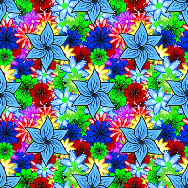 Ilustración Vectorial Lindos Elementos Florales Flores Colores Azul Verde Rojo — Vector de stock