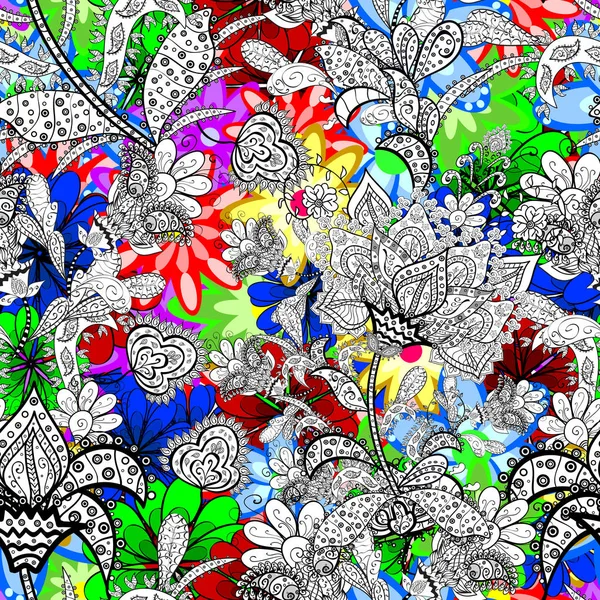 フラットフラワーエレメントのデザイン カラー春のテーマシームレスなパターン背景 美しい生地のパターン ベクターイラストのシームレスな花柄 — ストックベクタ