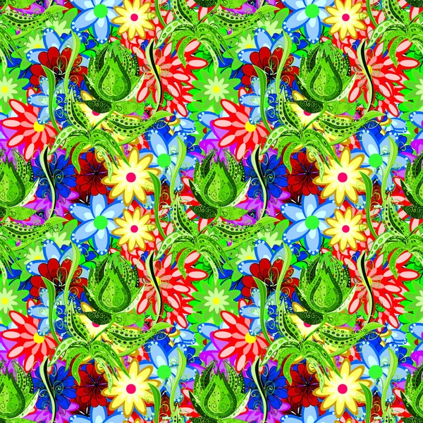Motif Sans Couture Avec Des Fleurs Vertes Bleues Rouges Neutres — Image vectorielle