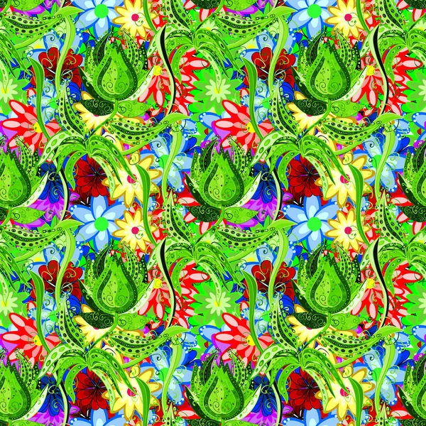 Barevné Jarní Téma Vzor Bezešvé Pozadí Roztomilý Květiny Vzor Zelené — Stockový vektor