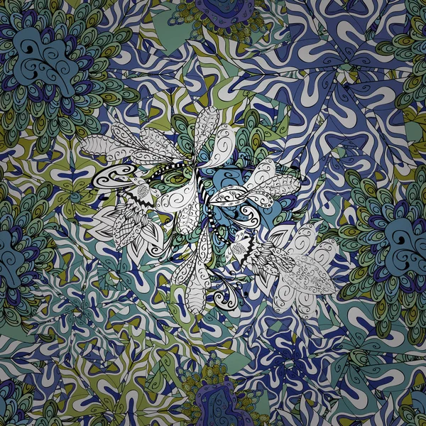 Moda kumaş deseni. Dikişsiz desen baskı. Mavi, beyaz, siyah, tarafsız ve yeşil renkler doodles. Vektör