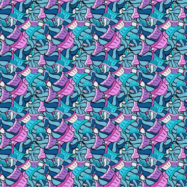 Vektör. Düz elementler. Tasarım. Karalamalar mavi, menekşe ve siyah renklerde. Yumuşak kumaş deseni. Kusursuz Desen Yazdırma.