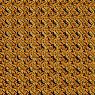 Vektör. Düz elementler. Yumuşak kumaş deseni. Tasarım. Siyah, sarı ve turuncu renkli karalamalar. Kusursuz Desen Yazdırma.