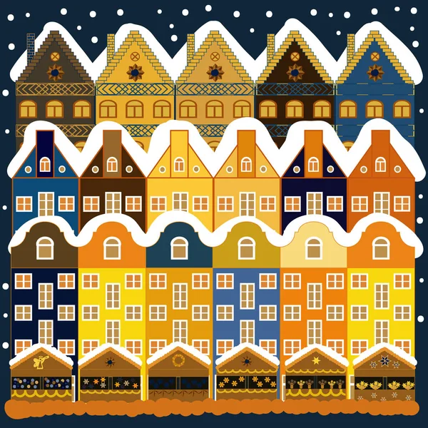 一个非常快乐的圣诞手书 图案背景上有草图冷杉树 冬天的场景 小房子在雪地里 素描风格 矢量说明 — 图库矢量图片