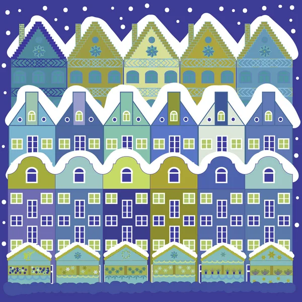 Vacaciones Ilustración Vectorial Ciudad Nocturna Paisaje Invernal Con Cala Nieve — Vector de stock