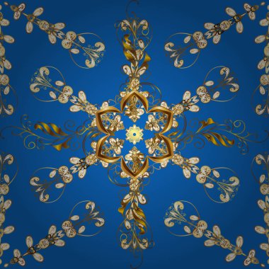 Tekrarlayan elementlerle kusursuz soyut arkaplan. Kahverengi, mavi ve altın desenli. Zarif vektör klasik desen.