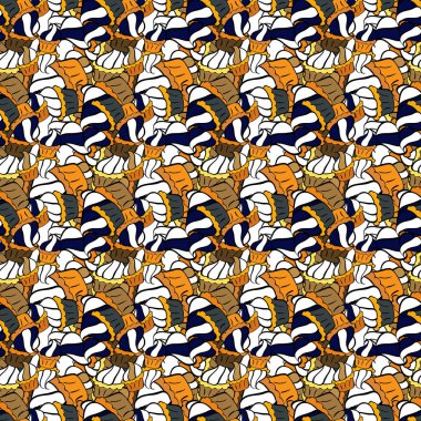 Robot resimlerde, sabıka fotoğraflarında, bebek kıyafetlerinde, paket kutularında falan kullanılabilir. Kusursuz güzel kumaş deseni. Beyaz, turuncu ve siyah renkli. Şirin desenler çiziyor. Güzel geçmiş. Vektör - stok.