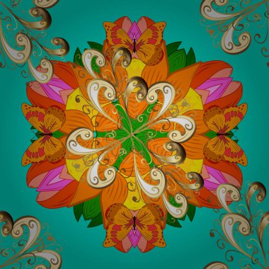 Düğün, tatil kartı. Doğu, İslam, Hintli, motifler. Orient, simetri danteli, kumaş. Renkli. Vintage vektör dekoratif süsü. Turuncu, sarı ve mavi renkli Arap mandala deseni. Etnik doku