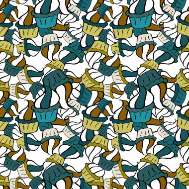 Siyah, beyaz ve mavi üzerine güzel bir doğum günü geçmişi var. Paket kağıdı. Keklerle kusursuz desen. Vektör illüstrasyonu.