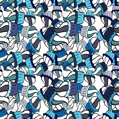 Elle çizilmiş kusursuz desenli beyaz, siyah ve mavi üzerine lezzetli kekler. Vektör çizimi. Güzel yemek tasarımı elementleri, parmak izi ve desenler için mükemmel..