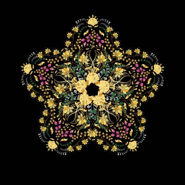 Yıldızlı ve düşen kar taneleriyle büyülü altın tatil soyut arka plan. Vektör çizimi. Noel sarısı ve siyahlar.