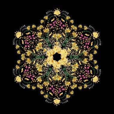 Tatto tarzı, kumaş tasarım ve vektör çizim kartlarda doodle çizilmiş, şık. Kontur altın mandala sanat terapisi stil zen çizim için kar taneleri şeklinde.