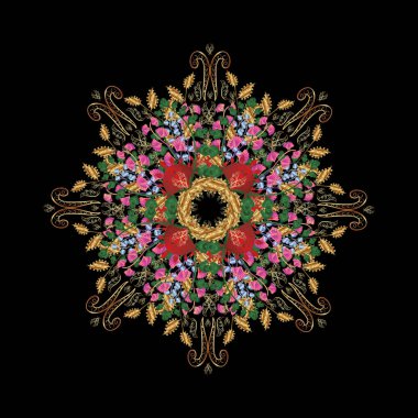 Mandala ile sunum. Broşür broşürü, broşür kapağı katalog dergisi veya yıllık rapor için modern vektör şablonu. Kahverengi, siyah ve yeşil renkler üzerine renkli yerleşim.