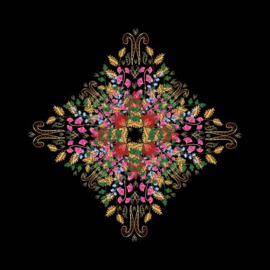 Siyah, kahverengi ve yeşil renklerde renkli yuvarlak süs deseni. Vektör Mandala.