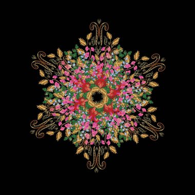 Vektör Etnik Doğu Çemberi Süslemesi. İslam, Arapça, Hintçe, sedir motifleri kahverengi, yeşil ve siyah renklerde. Çiçek Mandala çizim deseni.