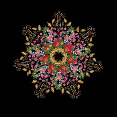 Tekstil, davetiyeler, afişler ve diğerleri için. Vektör çizimi. Yeşil, siyah ve kahverengi renklerde renkli, yuvarlak mandala..