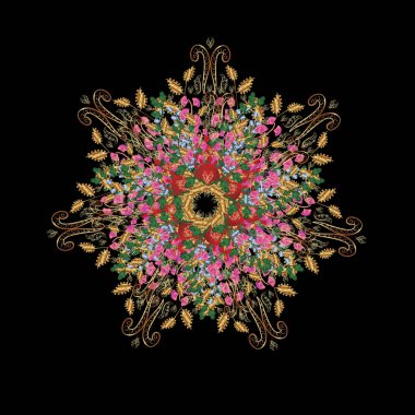 Çiçek süsleme deseni. Vektör illüstrasyonunda yeşil, siyah ve kahverengi yuvarlak doku.