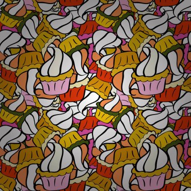 Paket kağıdı. Vektör çizimi. Sarı, siyah ve beyaz üzerinde kusursuz parlak doğum günü deseni. Kek, şapka, koni.