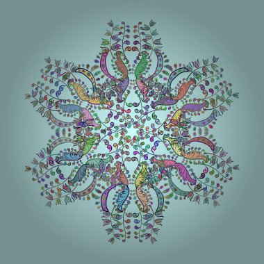 Kar tanelerinin soyut arkaplanlı Noel şablonu. Noel ve yeni yıl moda baskıları için tatil tasarımı. Vektör çizimi. Mavi, yeşil ve nötr kar taneleri.