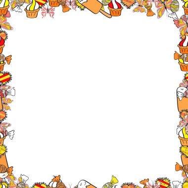 Kusursuz desen. Çerçeve karalamalarını dörde katla. Vektör çizimi. Beyaz, turuncu ve siyah renkli çizimler.