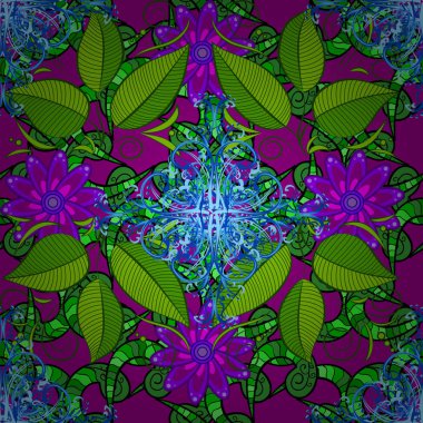 Mor, yeşil ve mavi renkli şirin tekstil. Vektör çizimi. Çiçek arkaplan. Renkli, pürüzsüz desen. Çiçek çizimi.