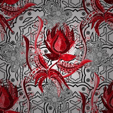 Çiçeklerle kusursuz desen. Suluboya çizimi. El çizimi. Siyah, kırmızı ve beyaz renkte çiçekler.