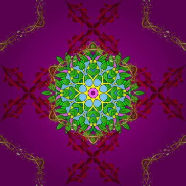 Kırmızı ve mor renkli Mandala vektör çizgisi. Yoga logosu, meditasyon posterinin arka planı. Alışılmadık bir çiçek şekli. Tasarım elementi. Stres önleyici terapi kalıbı. Dekoratif yuvarlak süs.