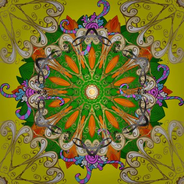 İslam, Arapça, Hint, Türkçe. Yeşil ve sarıya boyanmış. Yeşil ve sarı renkler üzerine dekoratif Hint Yuvarlak Mandala. Mandala Noel Kartı Tasarımı. Eski model. Davetiye Kartı, Koleksiyon Defteri