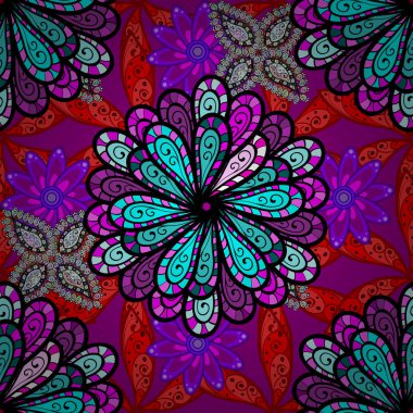 Mor, kırmızı ve siyah kıvırcık çiçekler mor, kırmızı ve siyah renklerde şekillenir. Klasik çiçek tasarımı elementleri. Vektör illüstrasyonu.