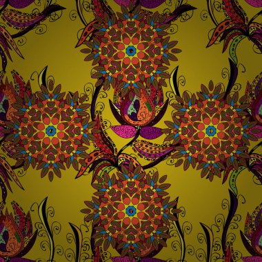 Vektör çizimi. Çiçeklerle suluboya desenli çiçek deseni. Sarı, siyah ve kahverengi renkli güzel tekstil..