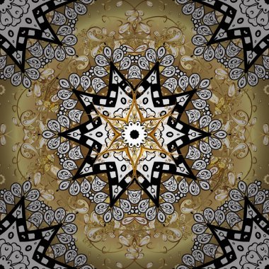 Süslü dekorasyon. Vektör çizimi. Damask altın soyut çiçek siyah ve beyaz renklerde kusursuz desen.