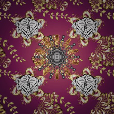 Retro tekstil koleksiyonu. Mor ve beyaz renkli elementler. Vektör çizimi. Geometrik motifli basit, pürüzsüz bir Noel deseni. Farklı süslere sahip kar taneleri.