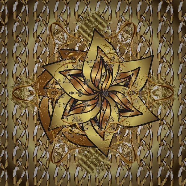 黄金色の花の要素と茶色と中性色の黄金のシームレスなパターン ベクトル幾何学的背景 金色のシームレスなイラスト あなたのデザインのために — ストックベクタ
