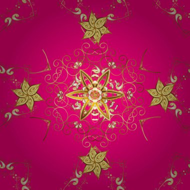 Eflatun ve sarı renklerde altın elementlerle klasik, pürüzsüz desen. Vektör illüstrasyonu.