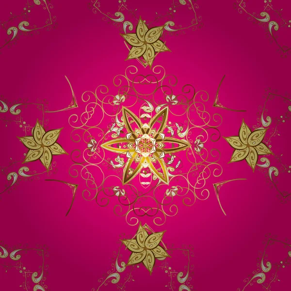 Eflatun ve sarı renklerde altın elementlerle klasik, pürüzsüz desen. Vektör illüstrasyonu.