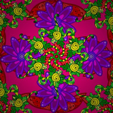 Eflatun, mor ve yeşil renklerde Asya tekstili. Çiçeklerle suluboya desenli çiçek deseni. Vektör illüstrasyonu.