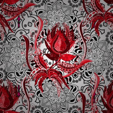 Soyut çiçek desensiz arkaplan. Vektör çizimi. Küçük çiçekteki sevimli çiçek deseni. Beyaz, kırmızı ve siyah renklerde. Vektör deseni.