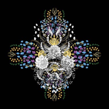 Mavi, siyah ve beyaz kar tanelerinden izole edilmiş. Vektör çizimi. Kar taneleri koleksiyonu. Güzel kış süsleri..