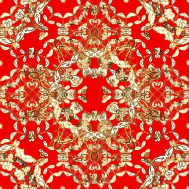 Barok eskizi, damask. Kusursuz çiçek deseni. Kırmızı ve kahverengi renklerde grafiksel, modern, pürüzsüz desen. Kusursuz vektör arkaplanı.