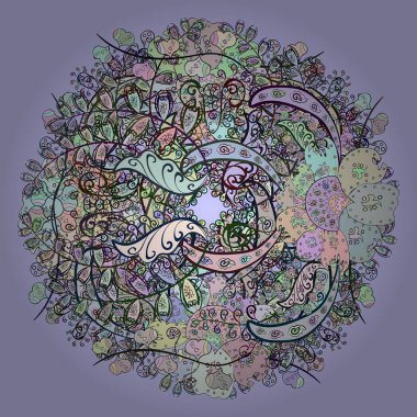 Moda baskısı, hatıra defteri, ambalaj kağıdı ve çizim için kusursuz desenli zarif dekoratif süs. Tarafsız, yeşil ve gri renkli Vektör illüstrasyonunda resimler.