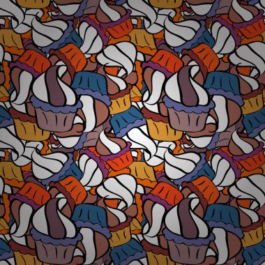 Paket kağıdı. Siyah, beyaz ve turuncu renkli yemek afişi tasarımı için. Keklerle kusursuz. Vektör illüstrasyonu.