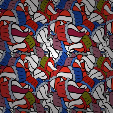 Kek, badem kurabiyesi, kurabiye. Kusursuz desen. Beyaz, kırmızı ve siyah üzerine şirin bir doğum günü geçmişi var. Kusursuz arka plan kekleri. Suluboya çizimi. Vektör illüstrasyonu.