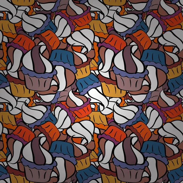 Paket kağıdı. Siyah, beyaz ve turuncu renkli yemek afişi tasarımı için. Keklerle kusursuz. Vektör illüstrasyonu.