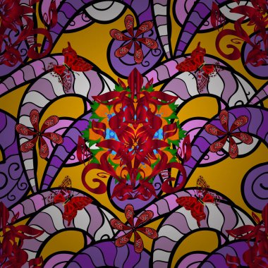 Klasik davetiye ya da mandala desenli ve çiçekli düğün kartı. Vektör şablon tebrik kartı, davetiye ve reklam afişi, sarı, kırmızı ve siyah renkler üzerine broşür.