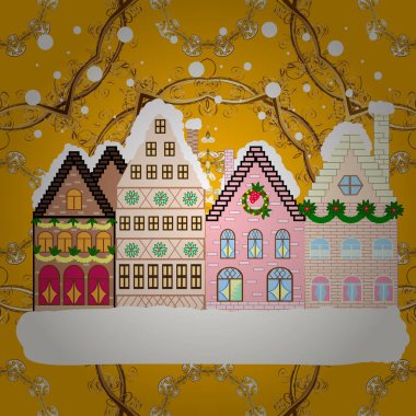 Tebrik kartı. Vektör çizim. Noel, kar ve kar taneleri ile arka plan afiş köyde.