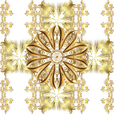 Çizimler, tekstil ve ambalaj için kusursuz doku. Beyaz ve sarı renkli resimler. Vektör damaskesiz şablon arkaplanı. Klasik lüks, eski moda İspanyol süsü, kraliyet Victoria Dönemi.