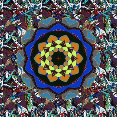 Broşürler, Pers motifleri için kullanılabilir. Vektör mimari Müslüman dokusu tasarımı. İslami renkli mandala siyah, kahverengi ve mavi renkler üzerine yuvarlak süsleme.