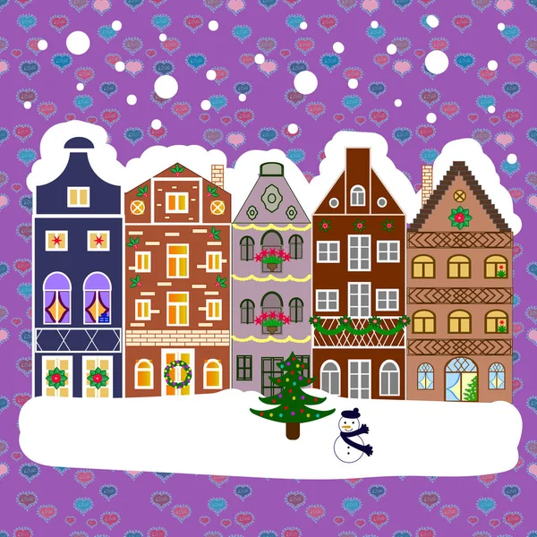 Escena Invierno Con Casita Nieve Estilo Sketch Una Muy Feliz — Vector de stock