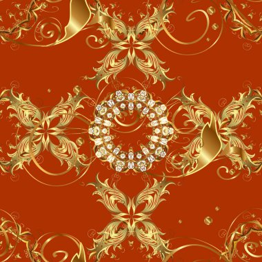 Damask seamless repeating background. Gold Sketch on texture background. Gold floral ornament in baroque style. Golden element on orange and brown colors.