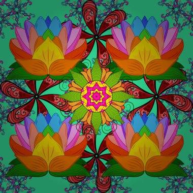 Patlayan çiçekler soyut olarak yerleştirilmiş. Vektör çizimi. Vektör deseni. Turuncu, yeşil ve siyah renklerde bahar çiçekleri..